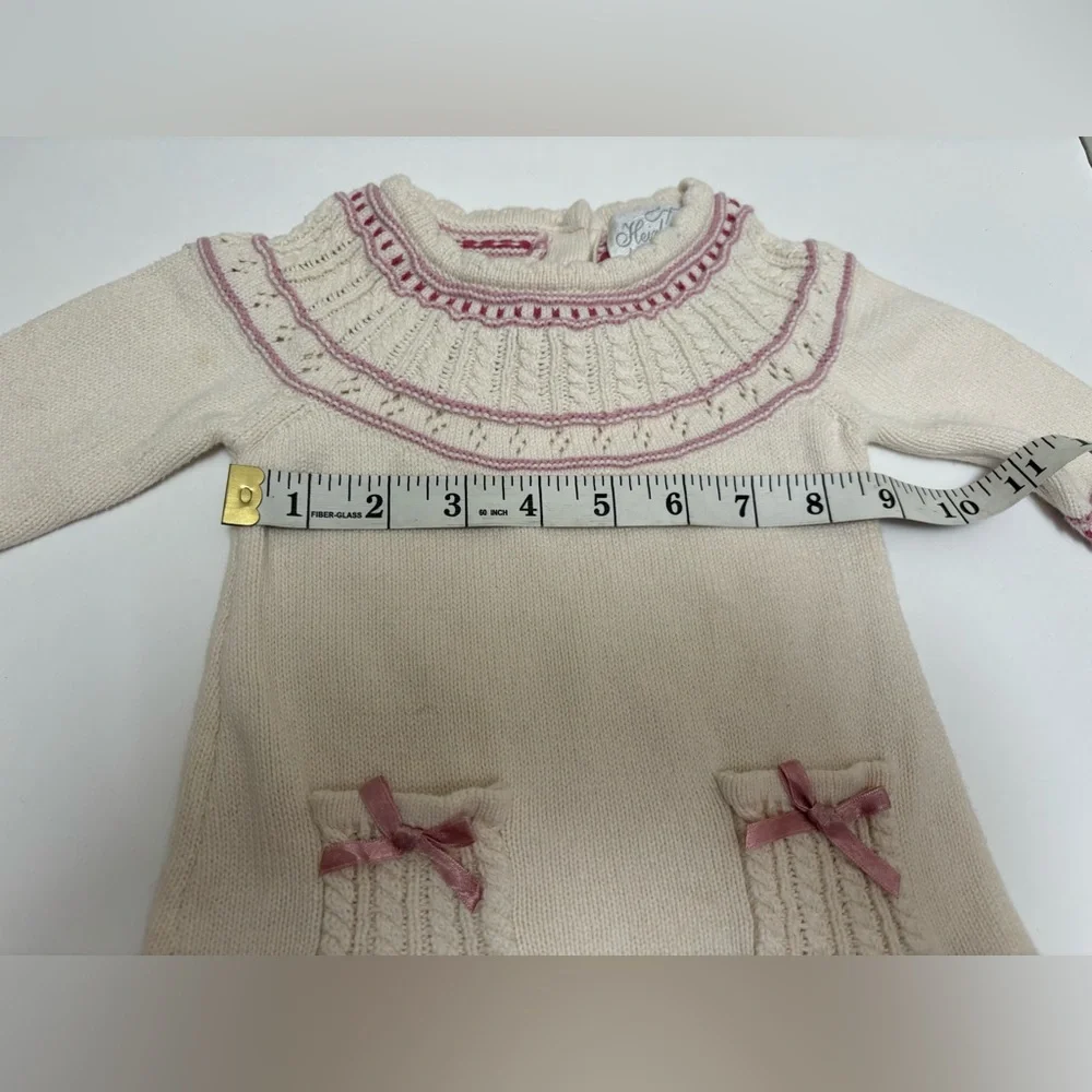 Heirlooms‎ by Polly Flinders knit sweater dress, cream pink bows 3-6 months